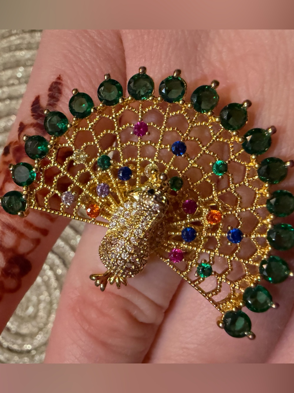 Gold Tone Peacock Statement Ring Rhinestone Crystal Adjustable Open Band Colors